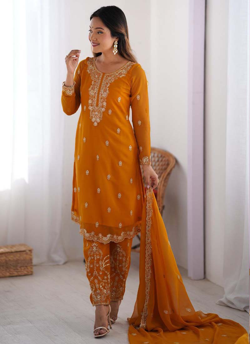 Prazu Fashion Yellow Georgette Thread Work Salwar Suit | Grocsy