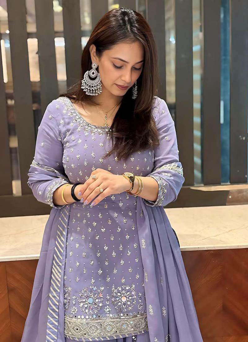 Prazu Fashion Light Lavender Georgette Embroidered Palazzo Suit | Grocsy