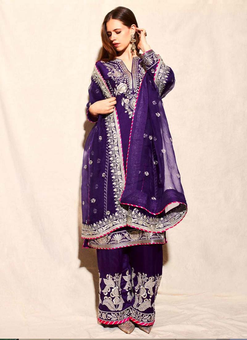 Prazu Fashion Violet Blue Chinon Silk Embroidered Palazzo Suit | Grocsy