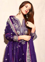 Prazu Fashion Violet Blue Chinon Silk Embroidered Palazzo Suit | Grocsy
