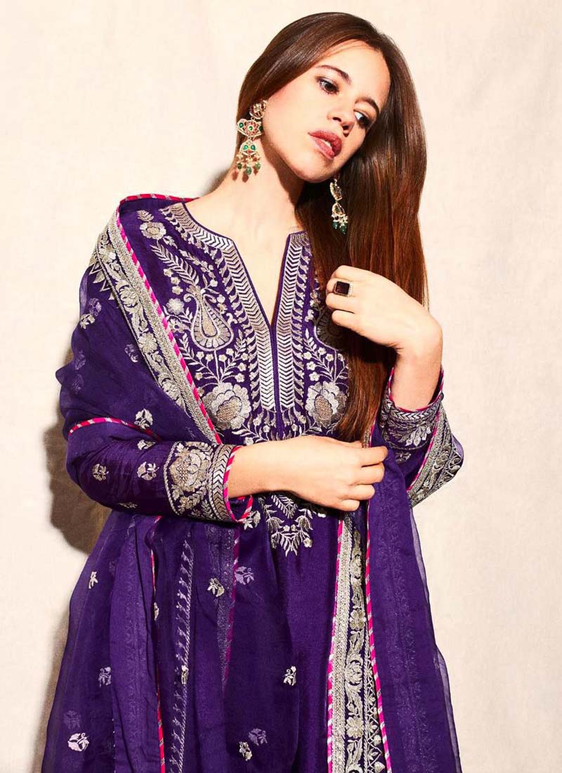 Prazu Fashion Violet Blue Chinon Silk Embroidered Palazzo Suit | Grocsy