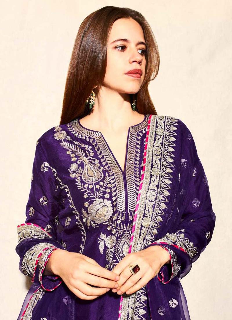 Prazu Fashion Violet Blue Chinon Silk Embroidered Palazzo Suit | Grocsy