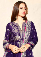 Prazu Fashion Violet Blue Chinon Silk Embroidered Palazzo Suit | Grocsy