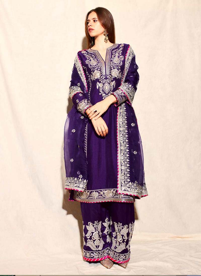 Prazu Fashion Violet Blue Chinon Silk Embroidered Palazzo Suit | Grocsy