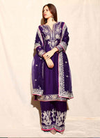 Prazu Fashion Violet Blue Chinon Silk Embroidered Palazzo Suit | Grocsy