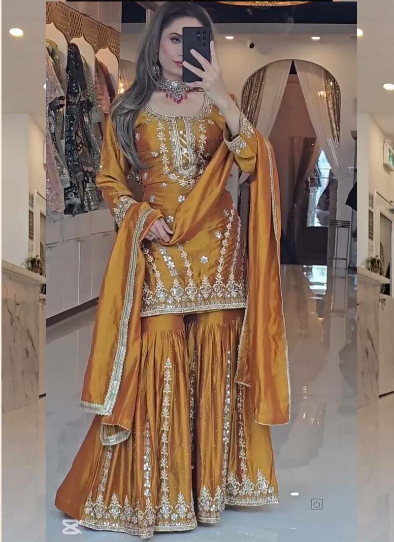 Prazu Fashion Yellow Georgette Embroidered Sharara Suit | Grocsy