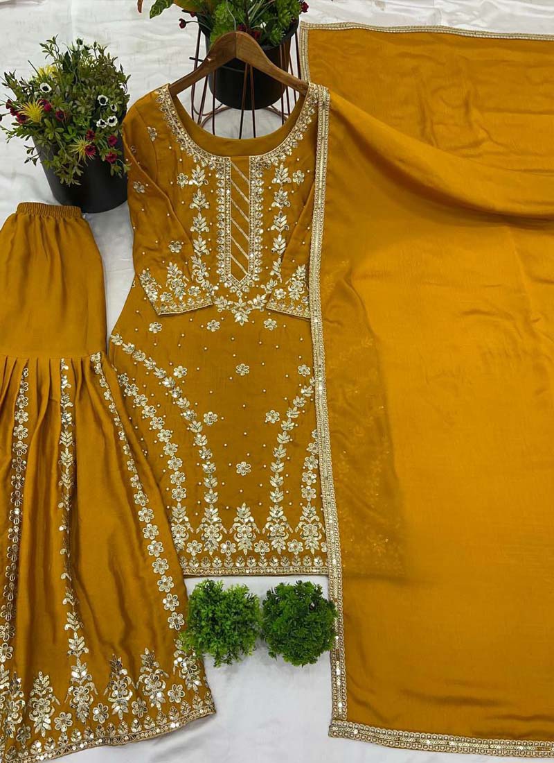 Prazu Fashion Yellow Georgette Embroidered Sharara Suit | Grocsy