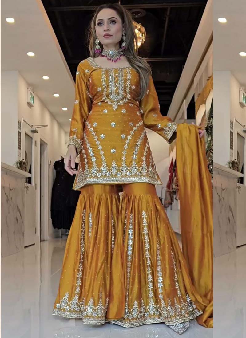 Prazu Fashion Yellow Georgette Embroidered Sharara Suit | Grocsy