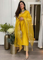 Prazu Fashion Yellow Roman Silk Embroidered Salwar Suit | Grocsy