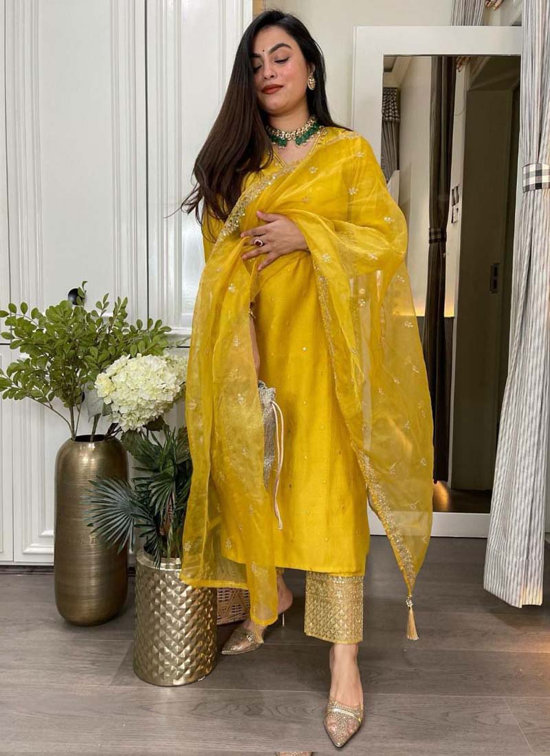 Prazu Fashion Yellow Roman Silk Embroidered Salwar Suit | Grocsy