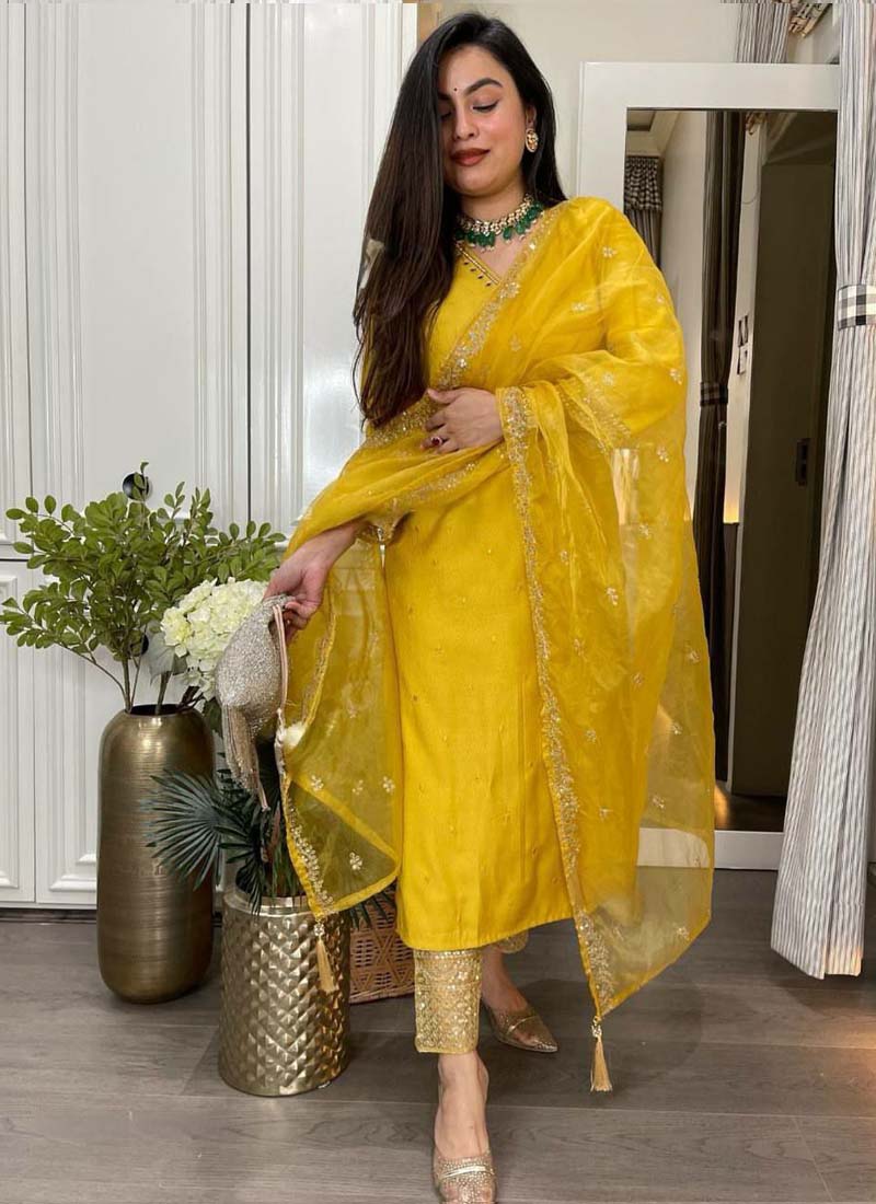 Prazu Fashion Yellow Roman Silk Embroidered Salwar Suit | Grocsy