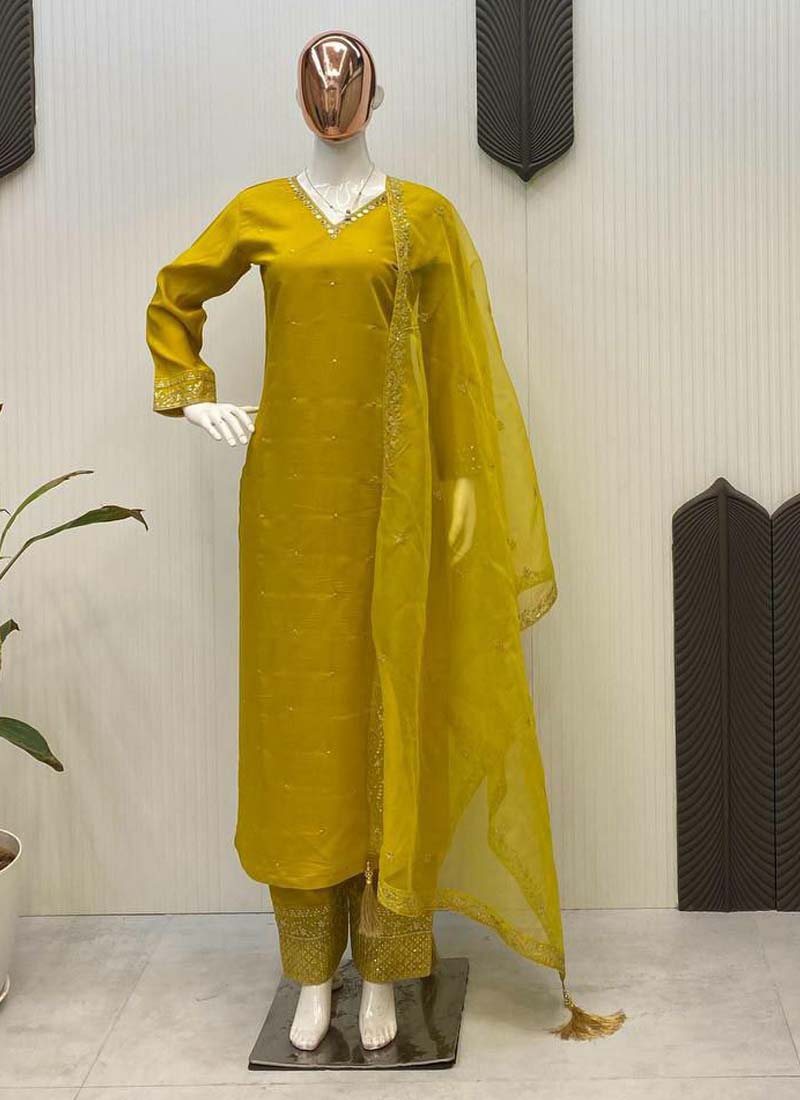 Prazu Fashion Yellow Roman Silk Embroidered Salwar Suit | Grocsy