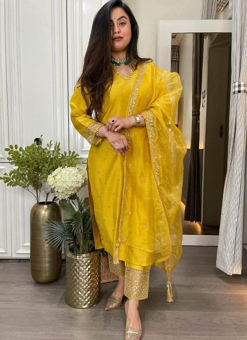 Prazu Fashion Yellow Roman Silk Embroidered Salwar Suit | Grocsy
