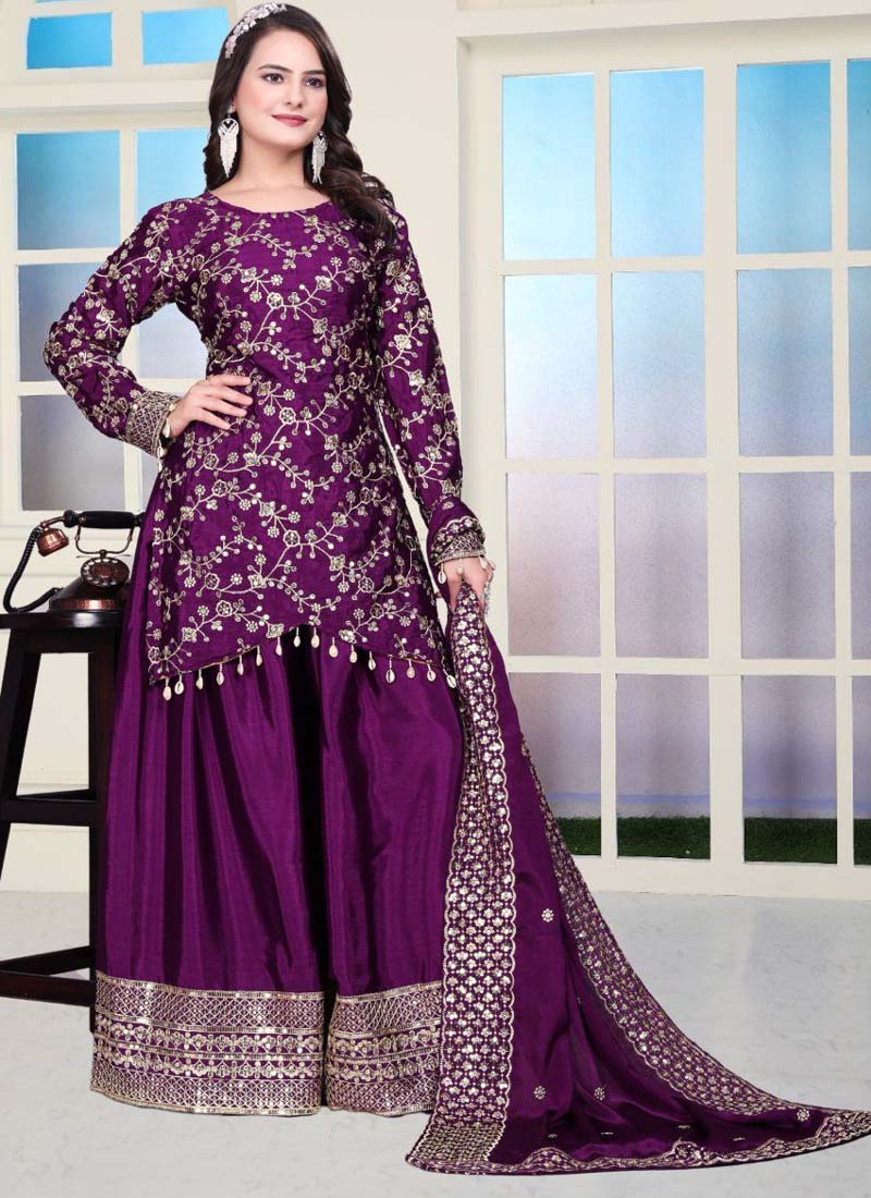 Prazu Fashion Violet Chinon Silk Embroidered Sharara Suit | Grocsy