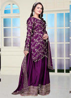 Prazu Fashion Violet Chinon Silk Embroidered Sharara Suit | Grocsy