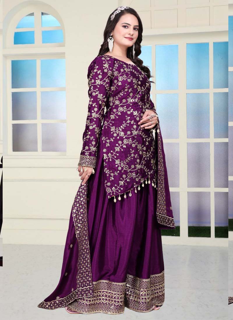 Prazu Fashion Violet Chinon Silk Embroidered Sharara Suit | Grocsy