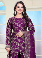 Prazu Fashion Violet Chinon Silk Embroidered Sharara Suit | Grocsy