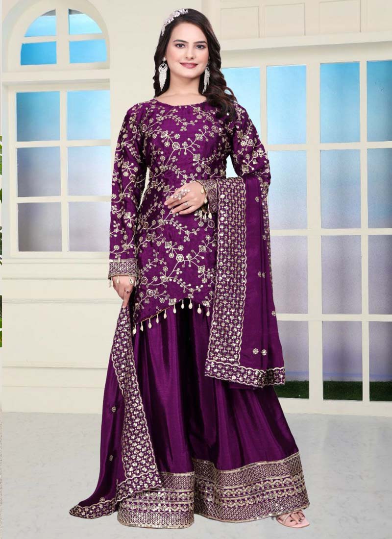 Prazu Fashion Violet Chinon Silk Embroidered Sharara Suit | Grocsy