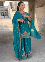 Prazu Fashion Turquoise Chinon Silk Embroidered Palazzo Suit | Grocsy