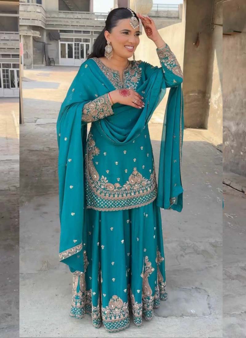 Prazu Fashion Turquoise Chinon Silk Embroidered Palazzo Suit | Grocsy