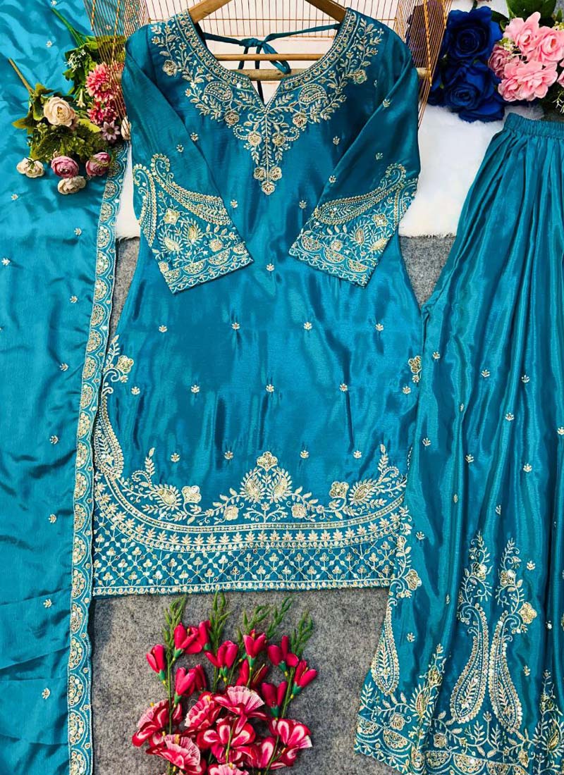 Prazu Fashion Turquoise Chinon Silk Embroidered Palazzo Suit | Grocsy