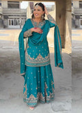 Prazu Fashion Turquoise Chinon Silk Embroidered Palazzo Suit | Grocsy