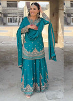 Prazu Fashion Turquoise Chinon Silk Embroidered Palazzo Suit | Grocsy