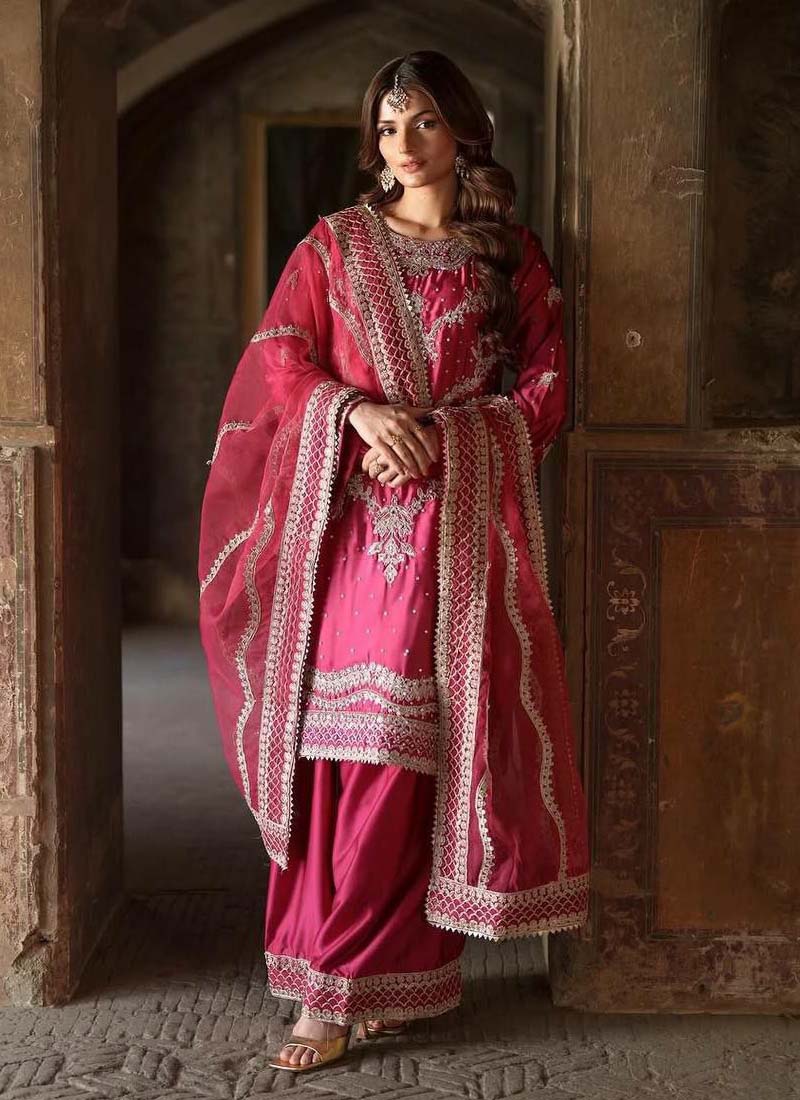 Prazu Fashion Pink Chinon Silk Embroidered Sharara Suit | Grocsy