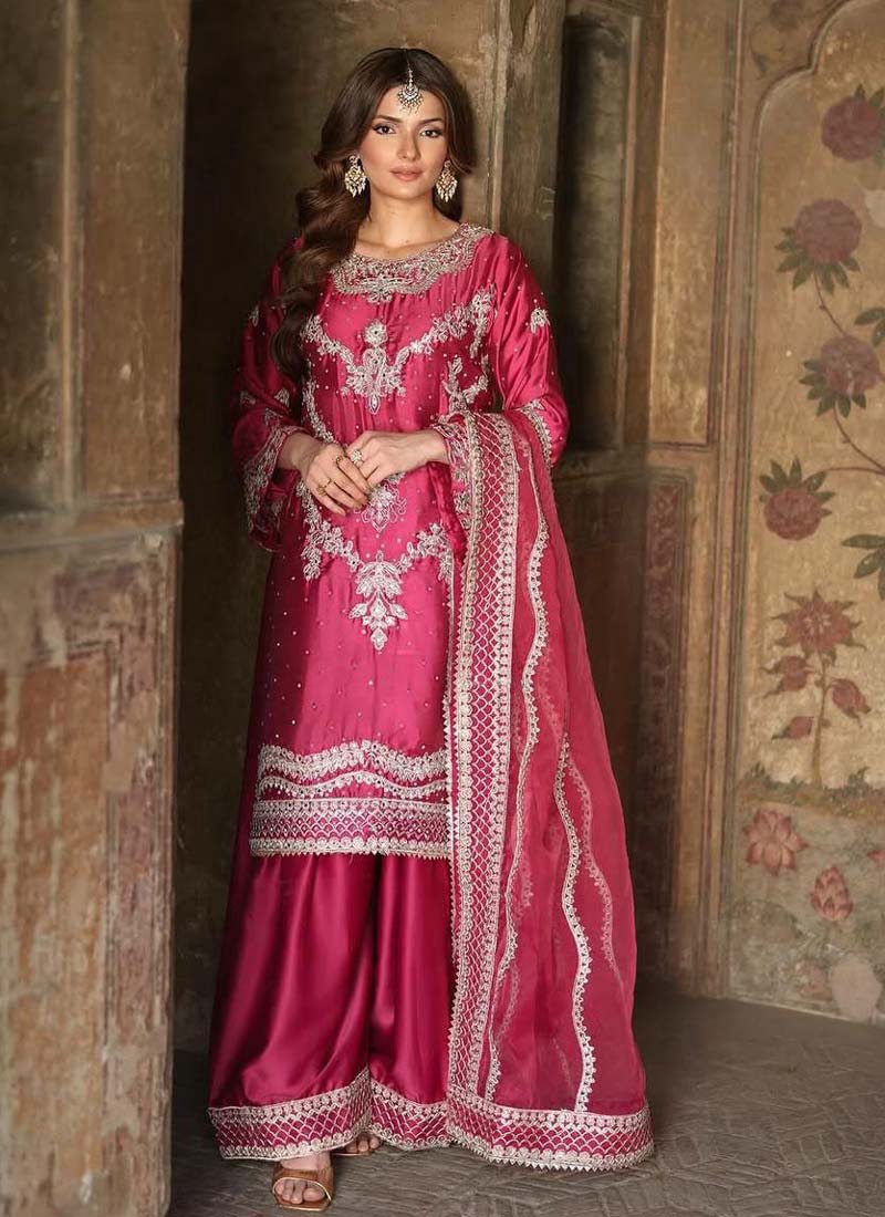 Prazu Fashion Pink Chinon Silk Embroidered Sharara Suit | Grocsy