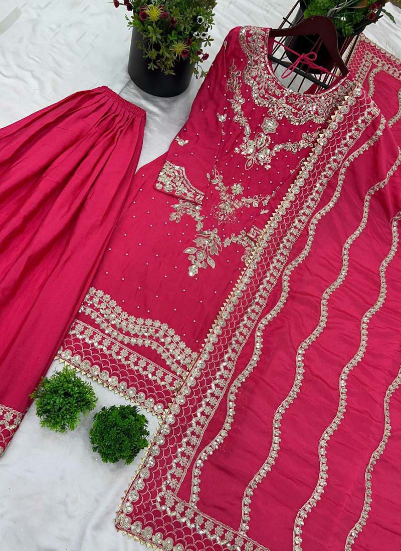 Prazu Fashion Pink Chinon Silk Embroidered Sharara Suit | Grocsy