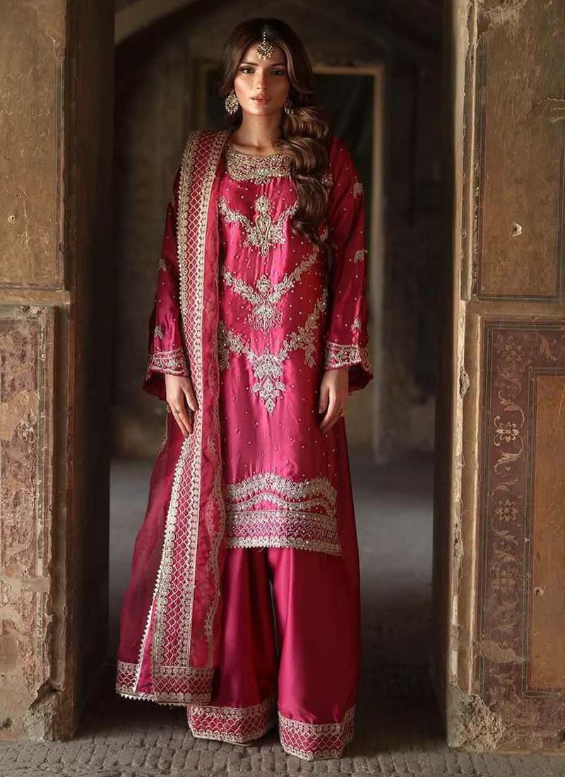 Prazu Fashion Pink Chinon Silk Embroidered Sharara Suit | Grocsy