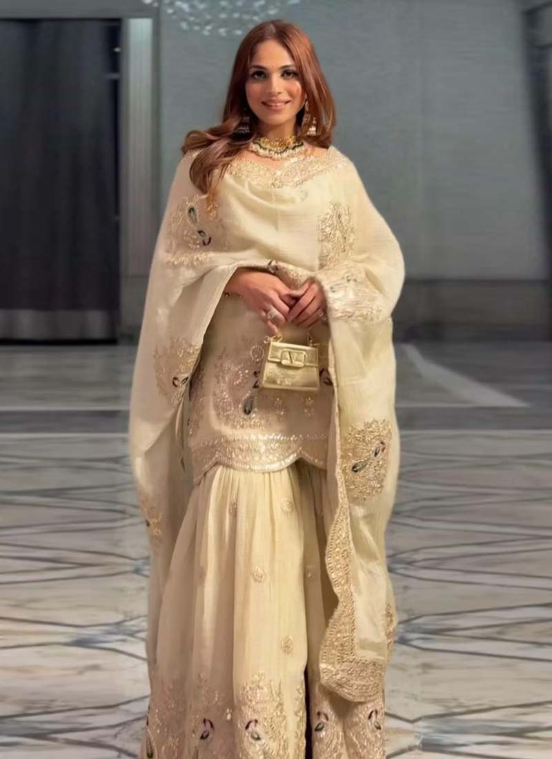 Prazu Fashion Off White Chinon Silk Embroidered Plazzo Suit | Grocsy