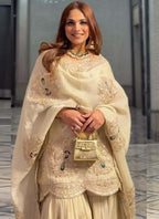 Prazu Fashion Off White Chinon Silk Embroidered Plazzo Suit | Grocsy