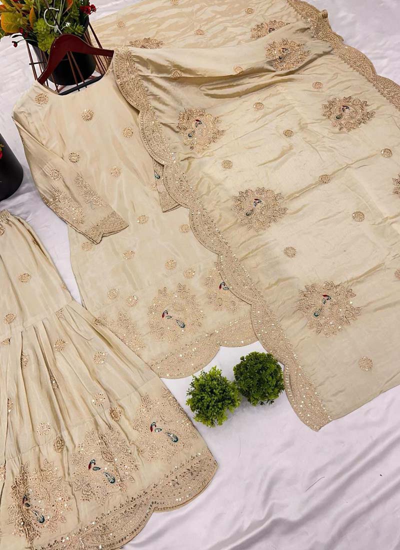Prazu Fashion Off White Chinon Silk Embroidered Plazzo Suit | Grocsy