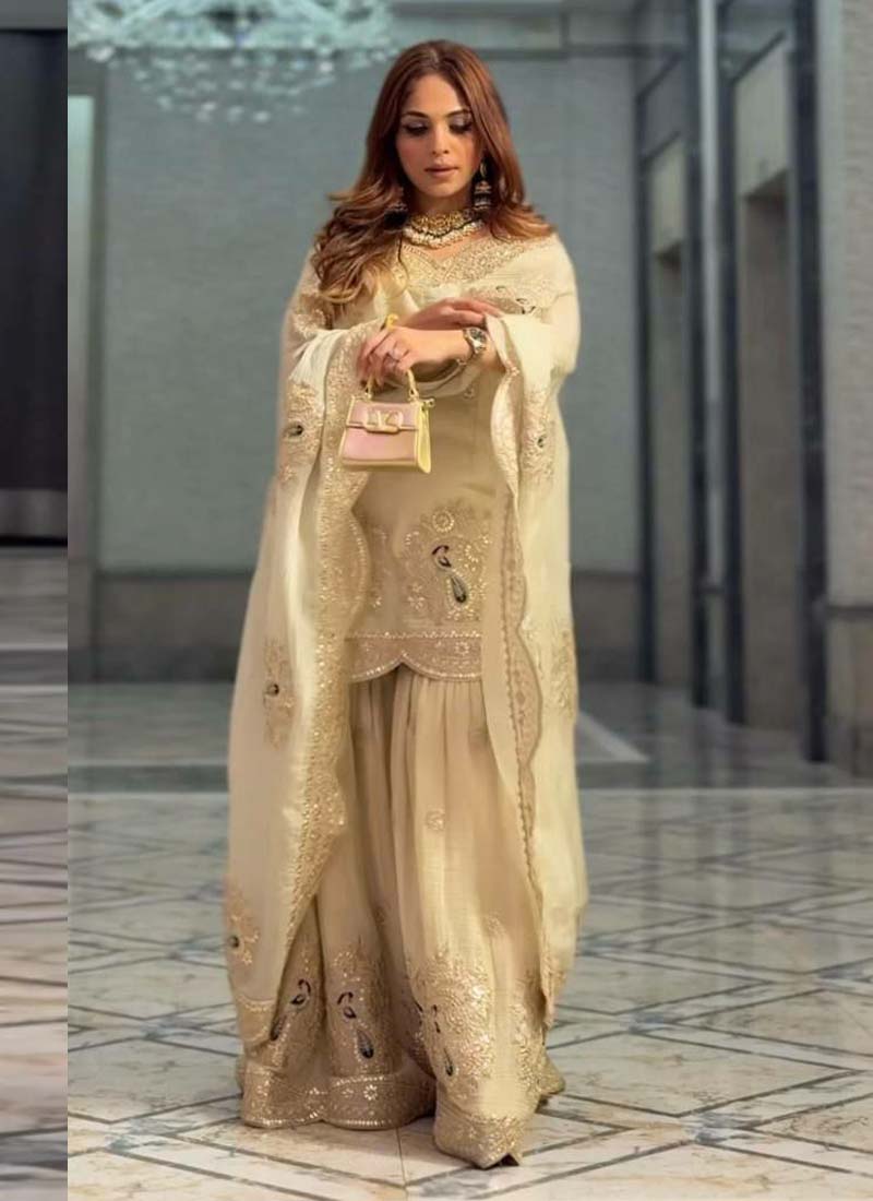 Prazu Fashion Off White Chinon Silk Embroidered Plazzo Suit | Grocsy