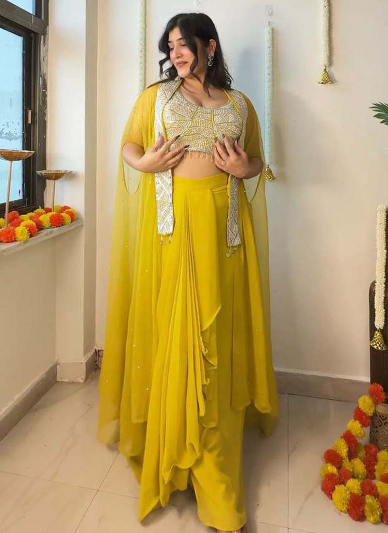 Prazu Fashion Yellow Georgette Embroidered Sequence Western Suit | Grocsy