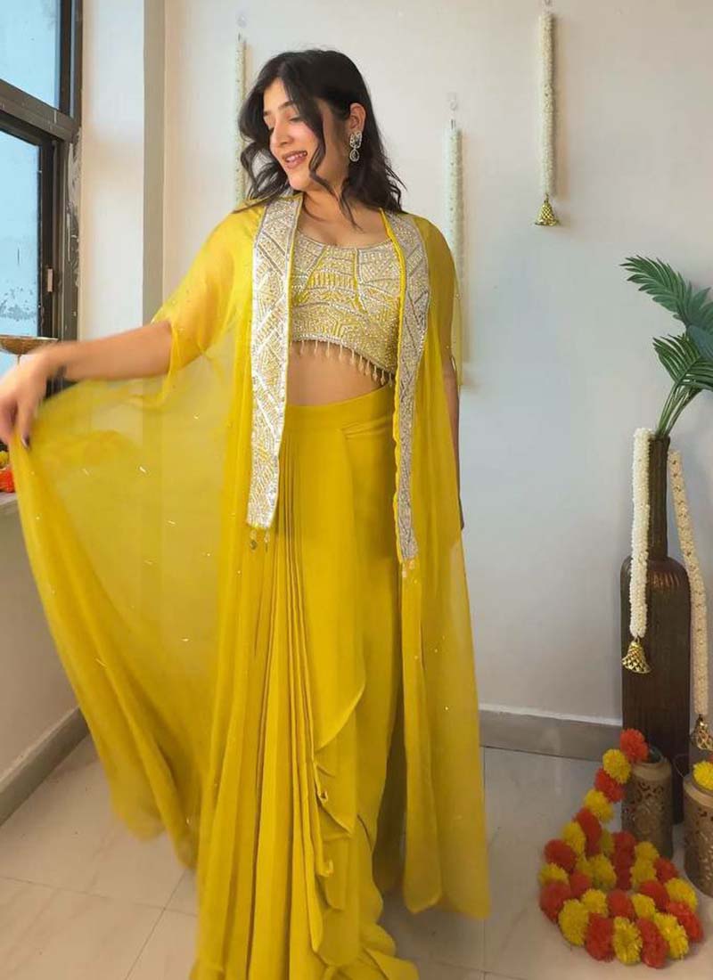 Prazu Fashion Yellow Georgette Embroidered Sequence Western Suit | Grocsy