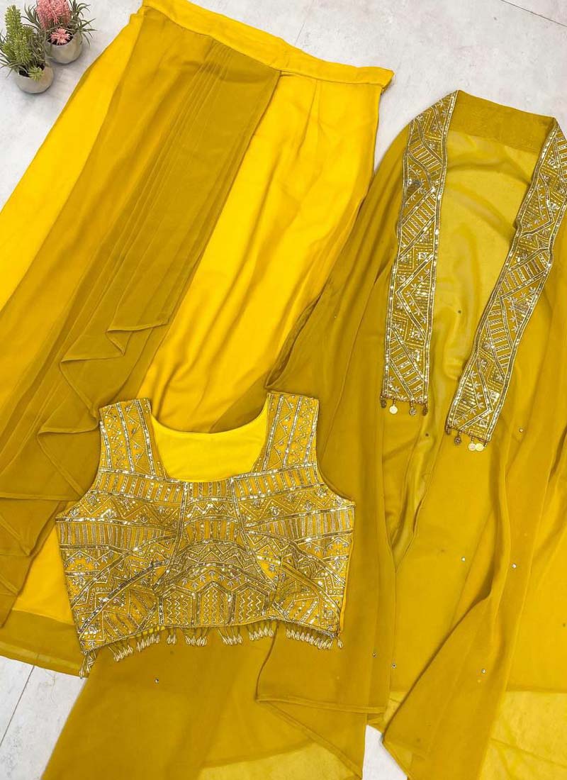Prazu Fashion Yellow Georgette Embroidered Sequence Western Suit | Grocsy