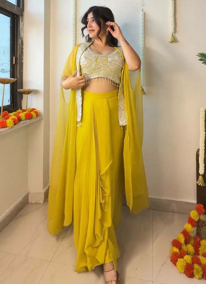 Prazu Fashion Yellow Georgette Embroidered Sequence Western Suit | Grocsy