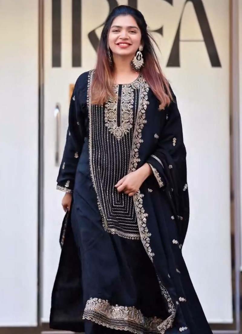 Prazu Fashion Black Georgette Embroidered Salwar Suit | Grocsy