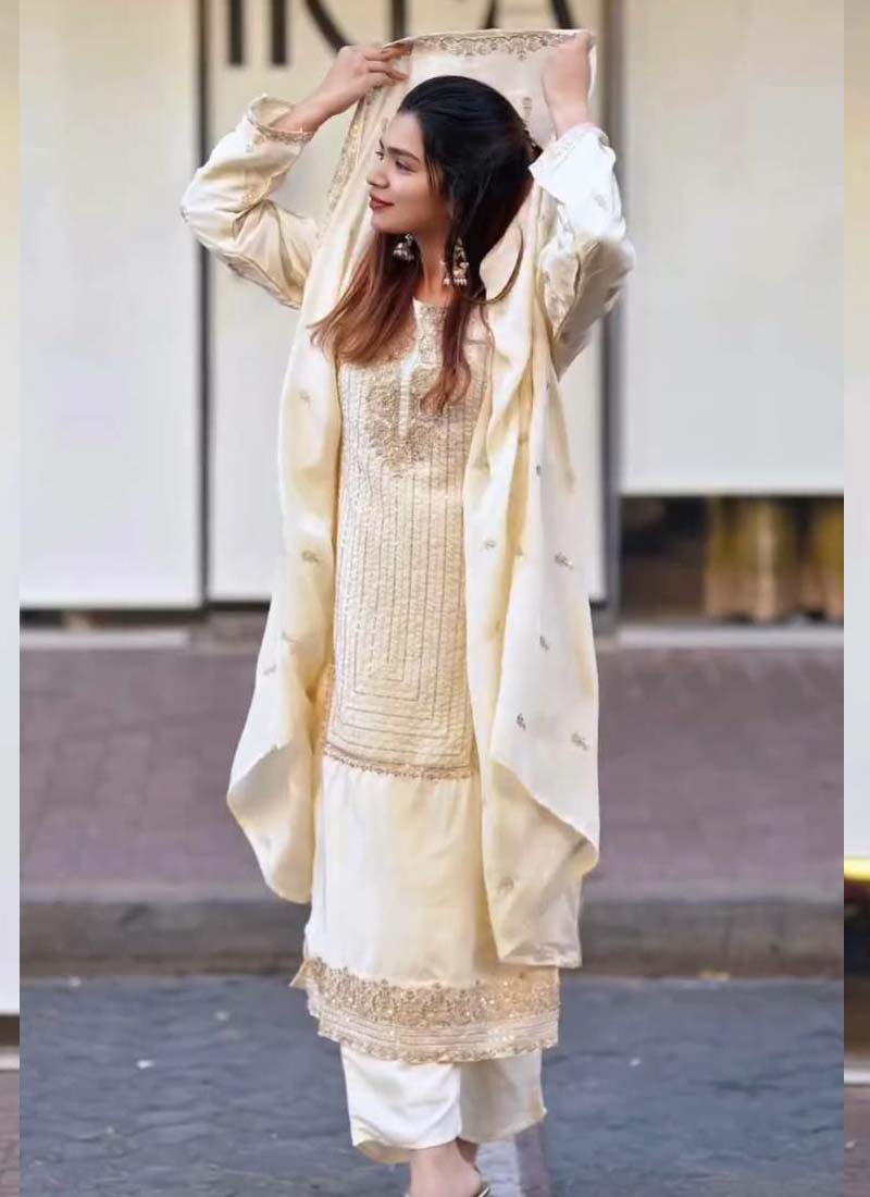 Prazu Fashion White Georgette Embroidered Salwar Suit | Grocsy