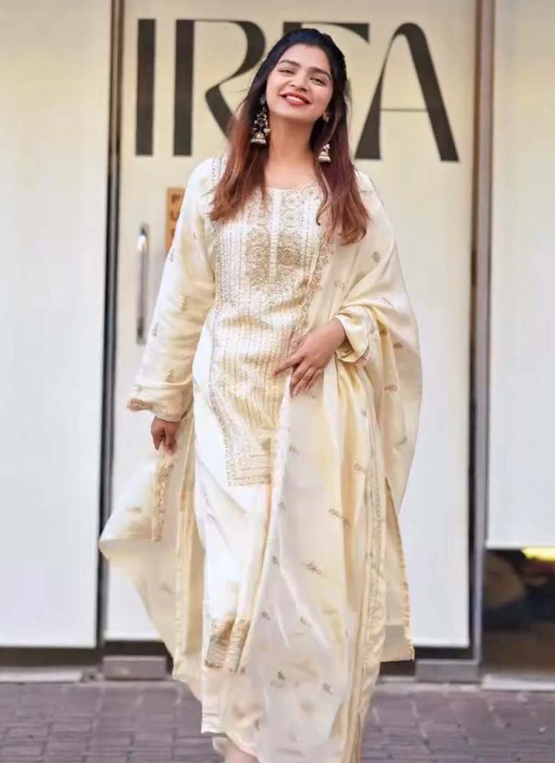 Prazu Fashion White Georgette Embroidered Salwar Suit | Grocsy