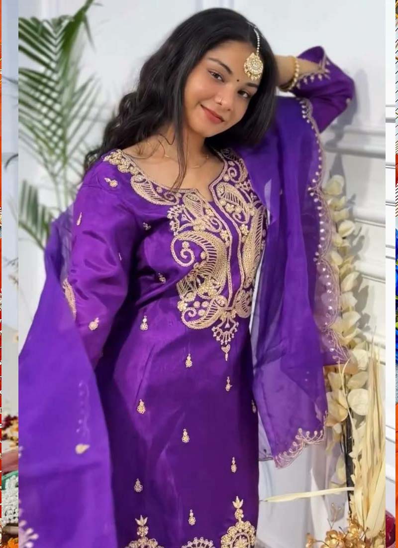 Prazu Fashion Violet Chinon Silk Embroidered Salwar Suit | Grocsy