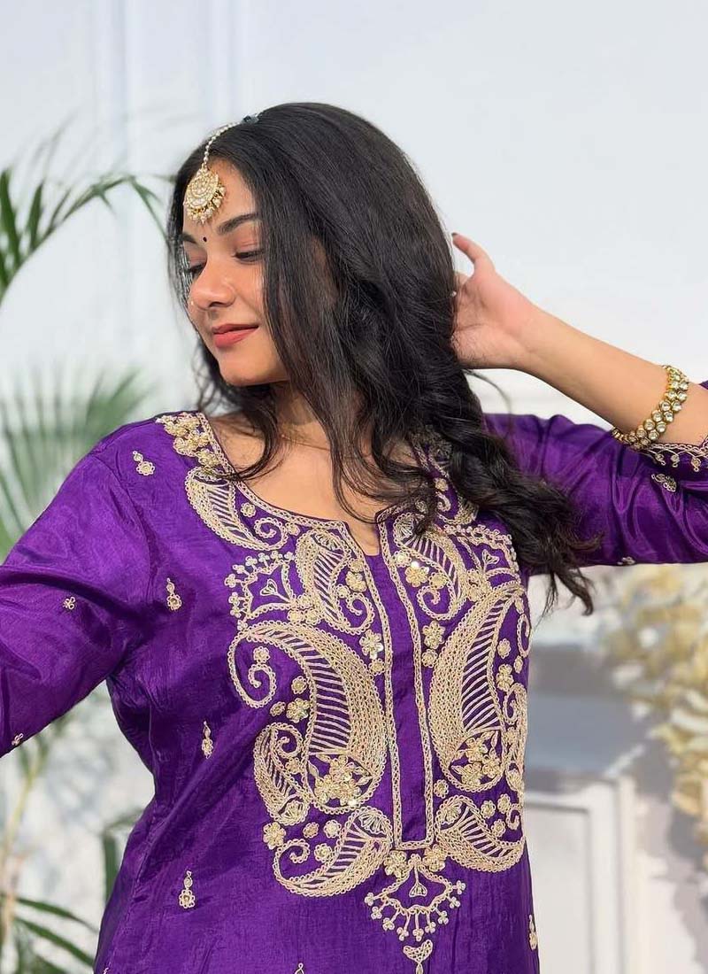 Prazu Fashion Violet Chinon Silk Embroidered Salwar Suit | Grocsy