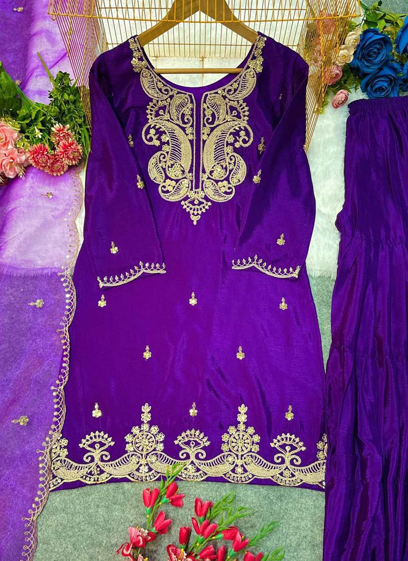 Prazu Fashion Violet Chinon Silk Embroidered Salwar Suit | Grocsy