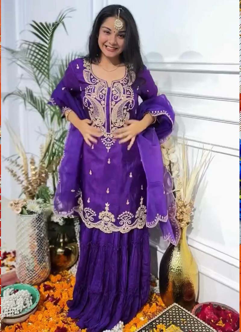 Prazu Fashion Violet Chinon Silk Embroidered Salwar Suit | Grocsy