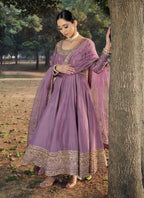 Prazu Fashion Lavender Roman Silk Embroidered Anarkali Suit | Grocsy