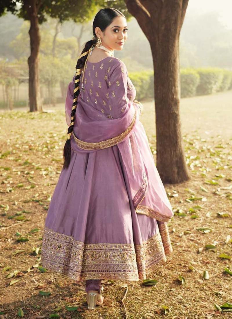 Prazu Fashion Lavender Roman Silk Embroidered Anarkali Suit | Grocsy
