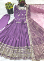 Prazu Fashion Lavender Roman Silk Embroidered Anarkali Suit | Grocsy