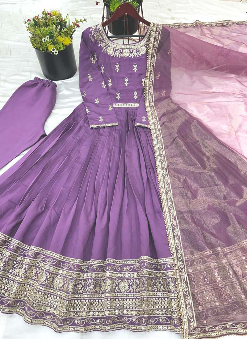 Prazu Fashion Lavender Roman Silk Embroidered Anarkali Suit | Grocsy